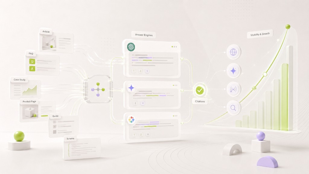 AEO workflow from structured content to AI answer engine citations and visibility growth